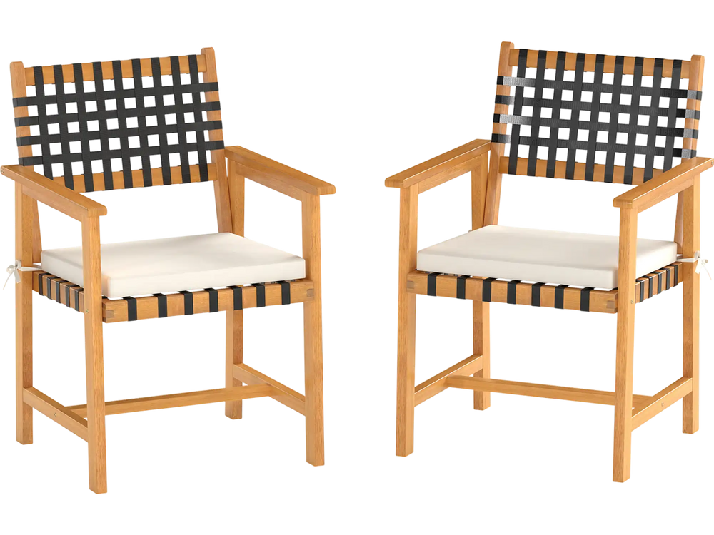 Set of 2 outdoor wooden dining chairs with armrests, curved back, and padded cushions for comfort and support.