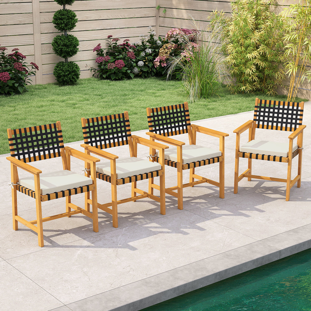 Set of 4 outdoor wooden dining chairs with armrests, featuring padded cushions and woven rope design for comfort.