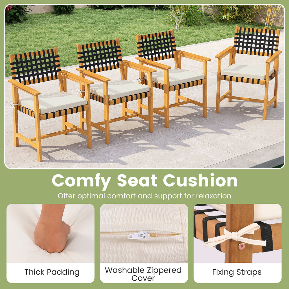 Outdoor wooden dining chair set with armrests, featuring thick padded cushions and a curved back for optimal comfort.