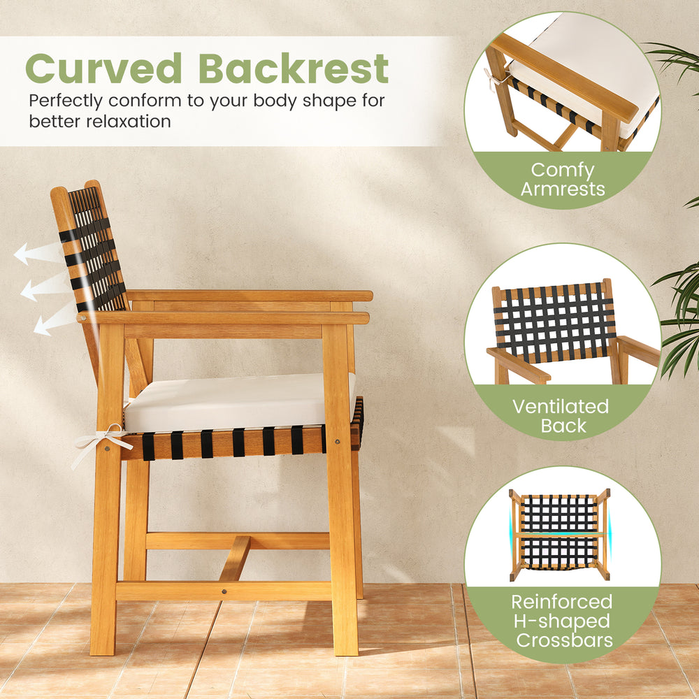 Outdoor wooden dining chair with curved backrest and armrests, featuring a woven rope design for ventilation and.