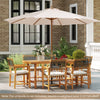 Outdoor wooden dining table made of acacia wood, featuring a built-in umbrella hole, perfect for 4-6 guests.