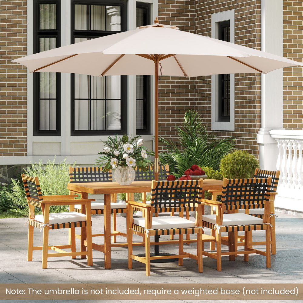 Outdoor wooden dining table made of acacia wood, featuring a built-in umbrella hole, perfect for 4-6 guests.