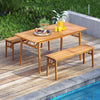 Outdoor wooden dining table made from acacia wood, featuring a wide tabletop and umbrella hole, perfect for patios and.