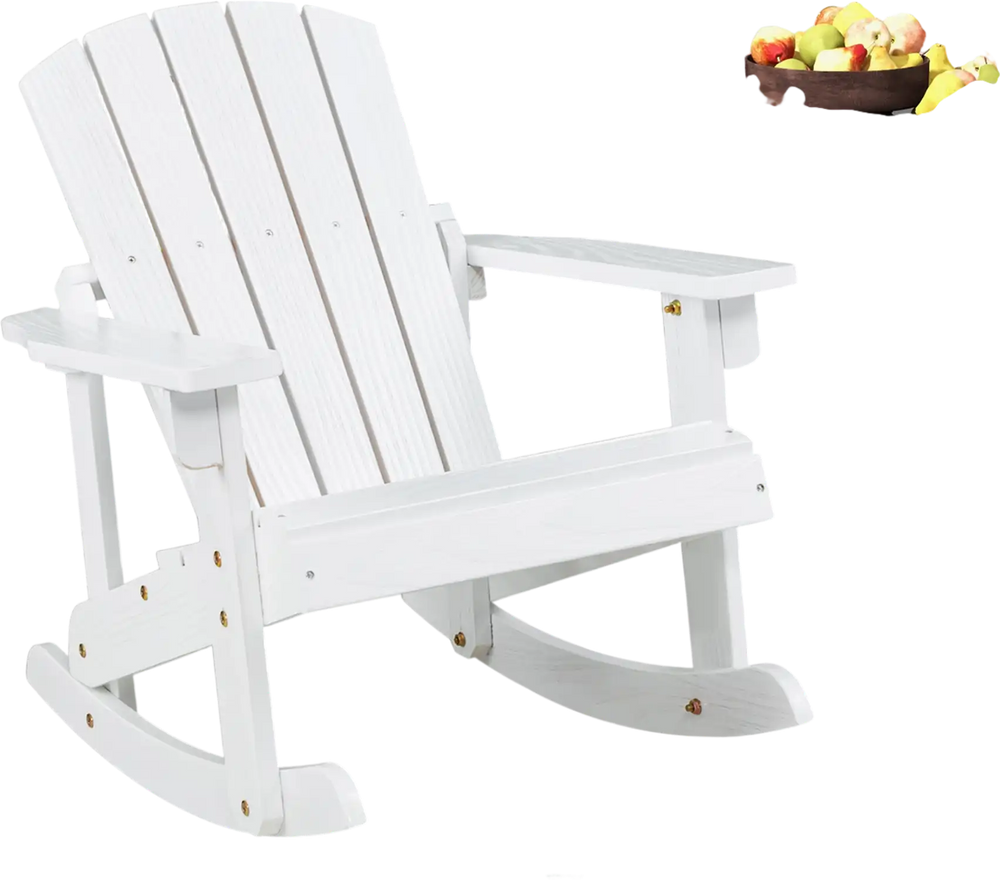 White outdoor wooden kid Adirondack rocking chair with slatted seat, perfect for relaxing on the patio.