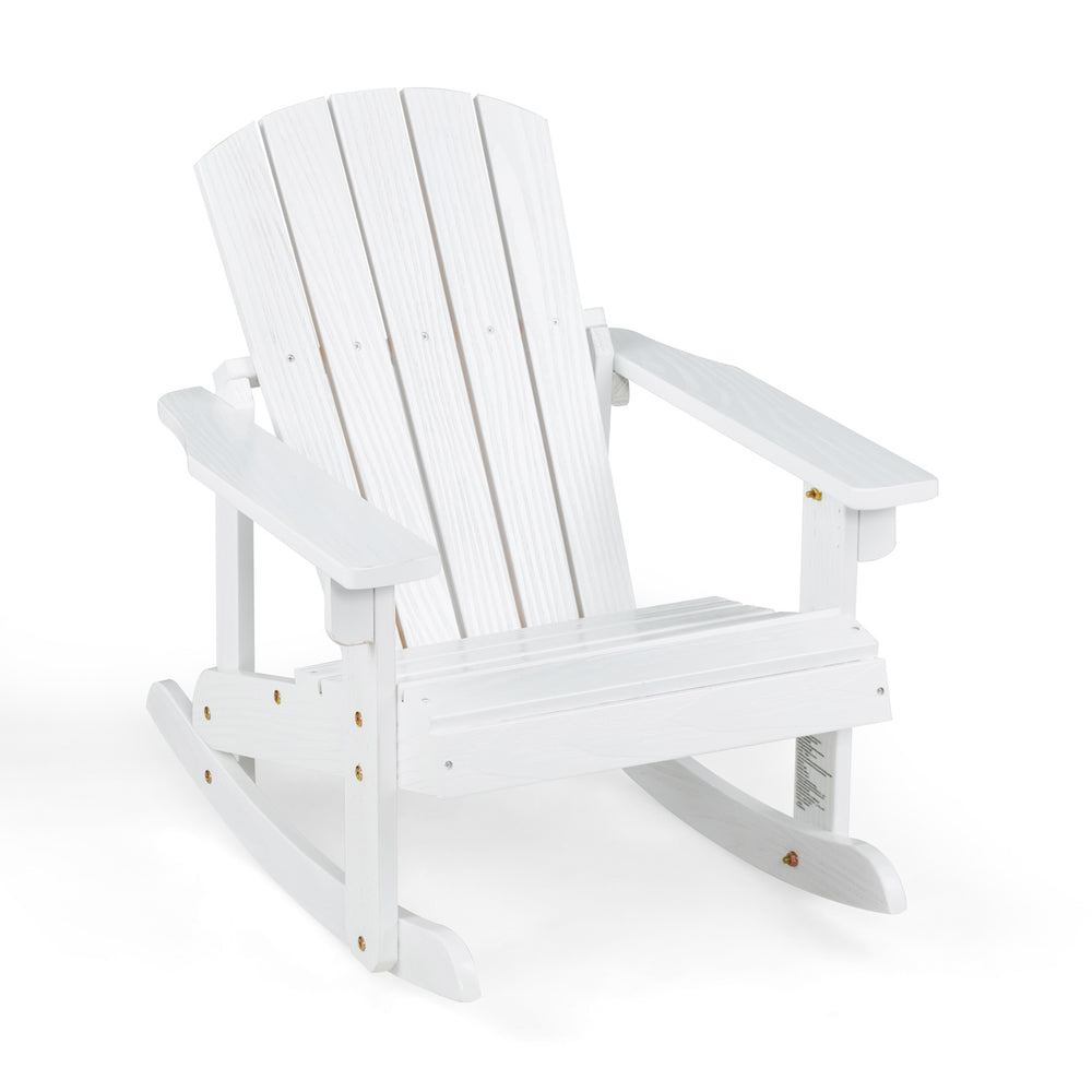 White outdoor wooden kid Adirondack rocking chair with slatted seat, perfect for relaxing in outdoor spaces.