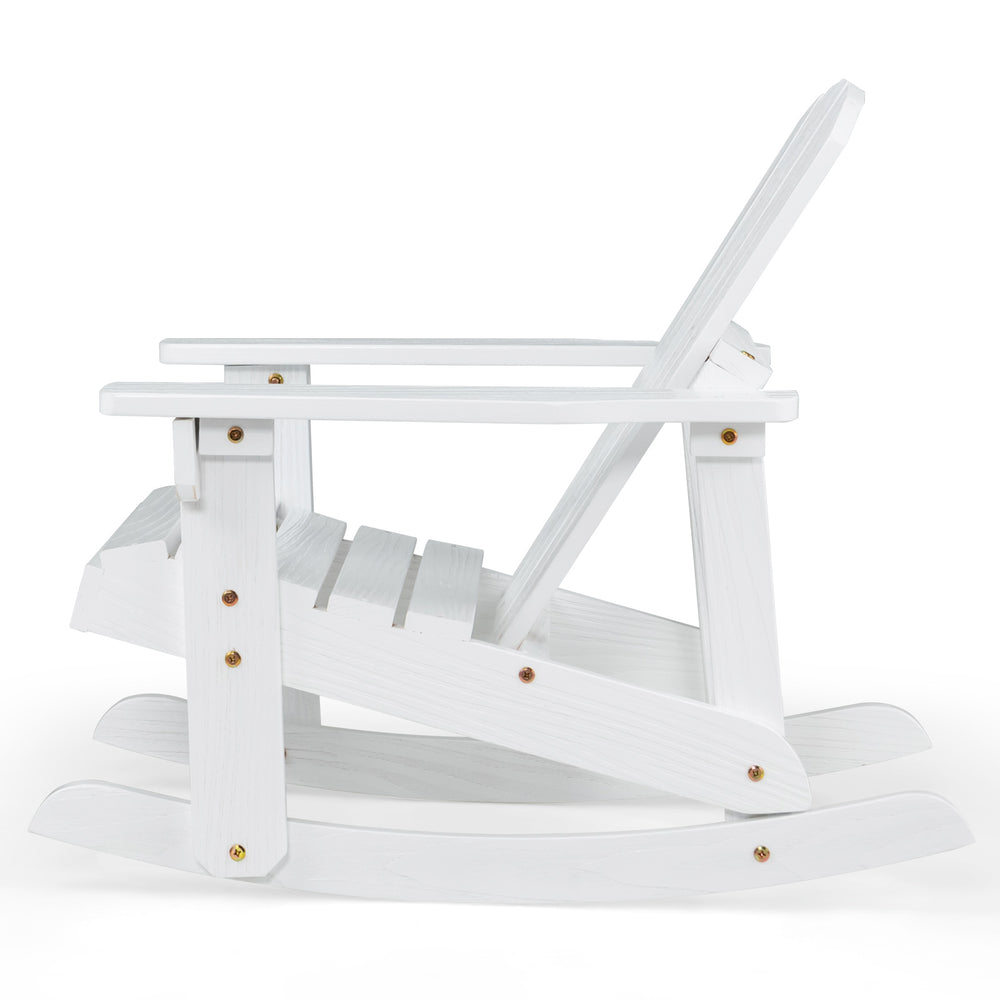White outdoor wooden kid Adirondack rocking chair with slatted seat, designed for safety and relaxation in outdoor.