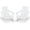 Two white outdoor wooden kid Adirondack rocking chairs with slatted seats, perfect for relaxing in outdoor spaces.