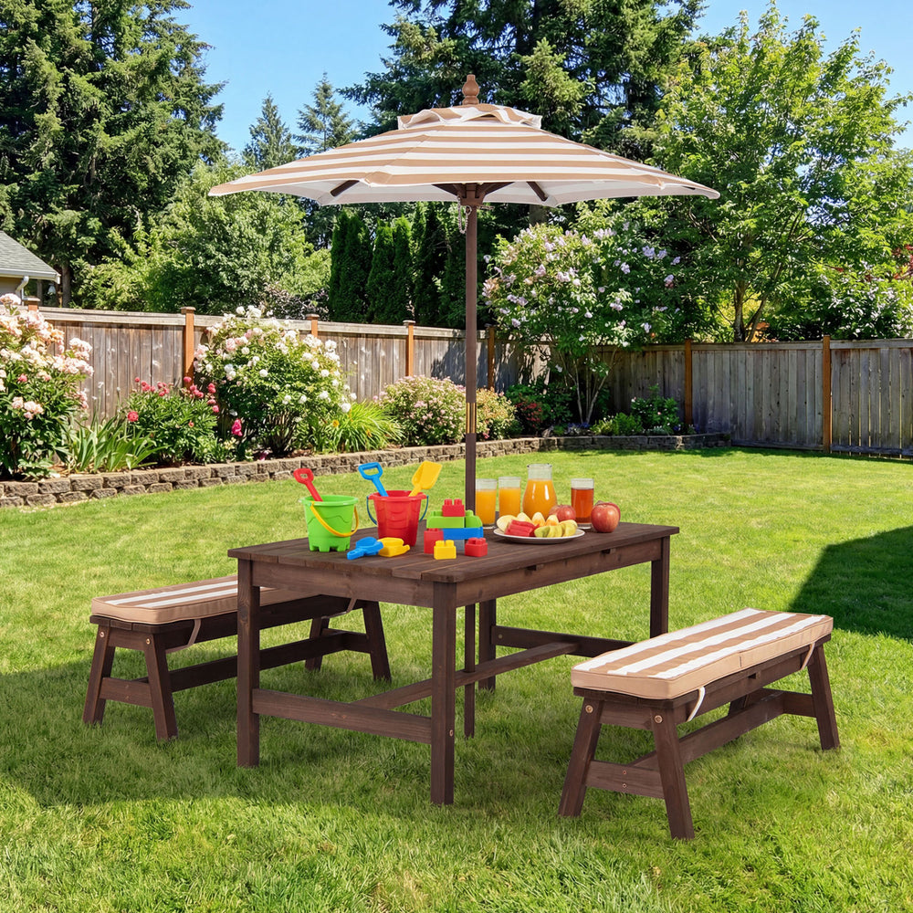 Outdoor Wooden Kids Picnic Table with Removable Umbrella and Cushions-Coffee - Gallery View 1 of 11
