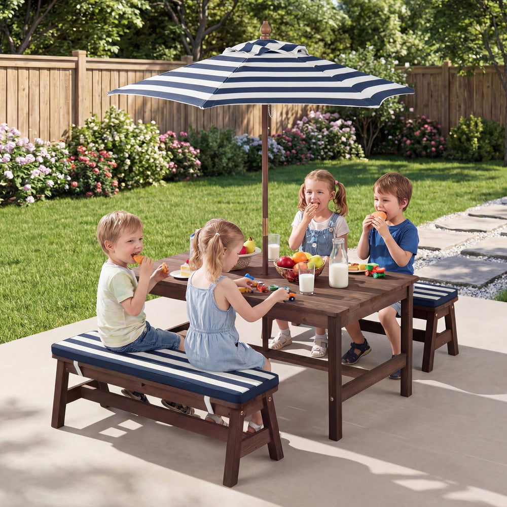 Outdoor Wooden Kids Picnic Table with Removable Umbrella and Cushions-Blue - Gallery View 1 of 11