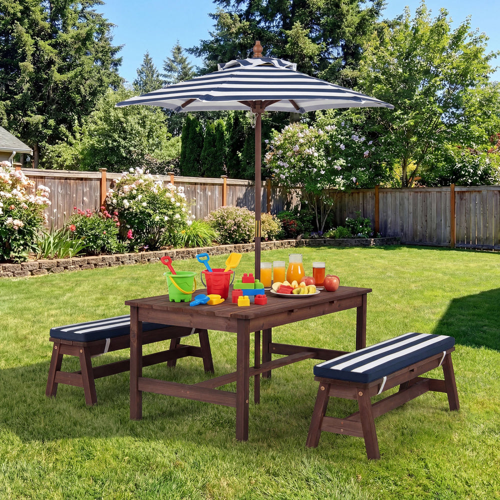 Kids picnic table set with removable umbrella and cushions, made of durable fir wood, perfect for outdoor play.