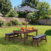 Kids picnic table set with removable umbrella and cushions, made of durable fir wood, perfect for outdoor play.
