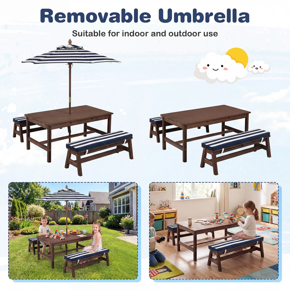 Outdoor wooden kids picnic table set with removable umbrella and cushions, ideal for indoor and outdoor play.