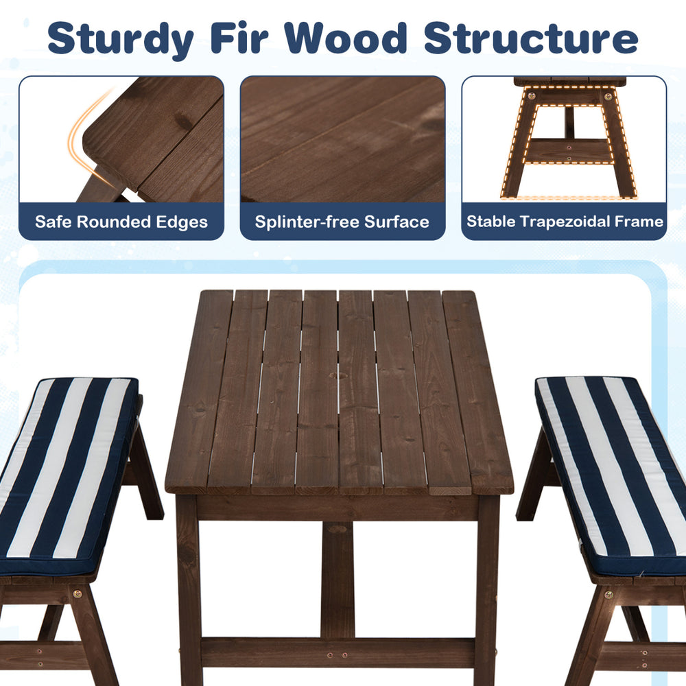 Outdoor wooden kids picnic table with removable umbrella and cushions, featuring a sturdy fir wood structure and safe.