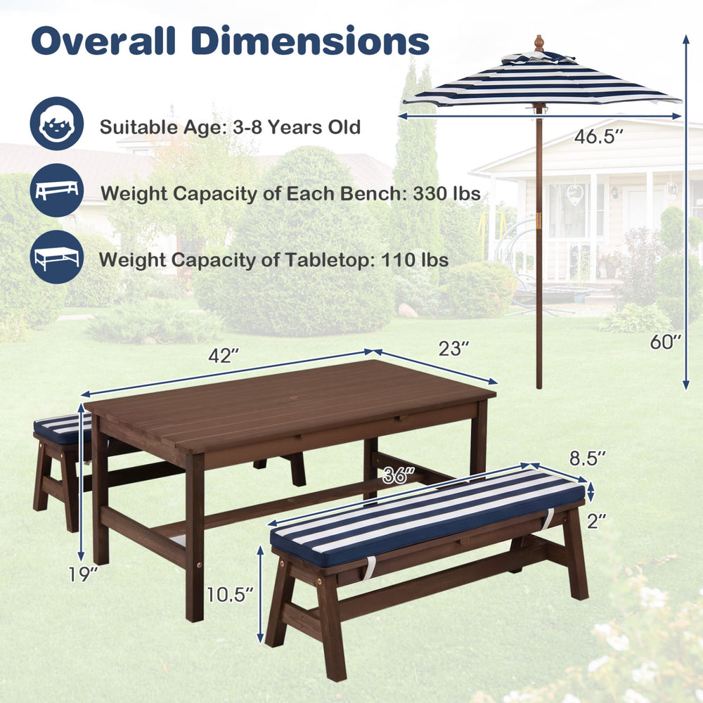 Outdoor wooden kids picnic table with removable umbrella, blue cushions, and sturdy fir wood structure for safe play.