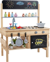 Wooden outdoor mud kitchen for kids with rotatable knobs, two basins, and hooks for organized cooking fun and.