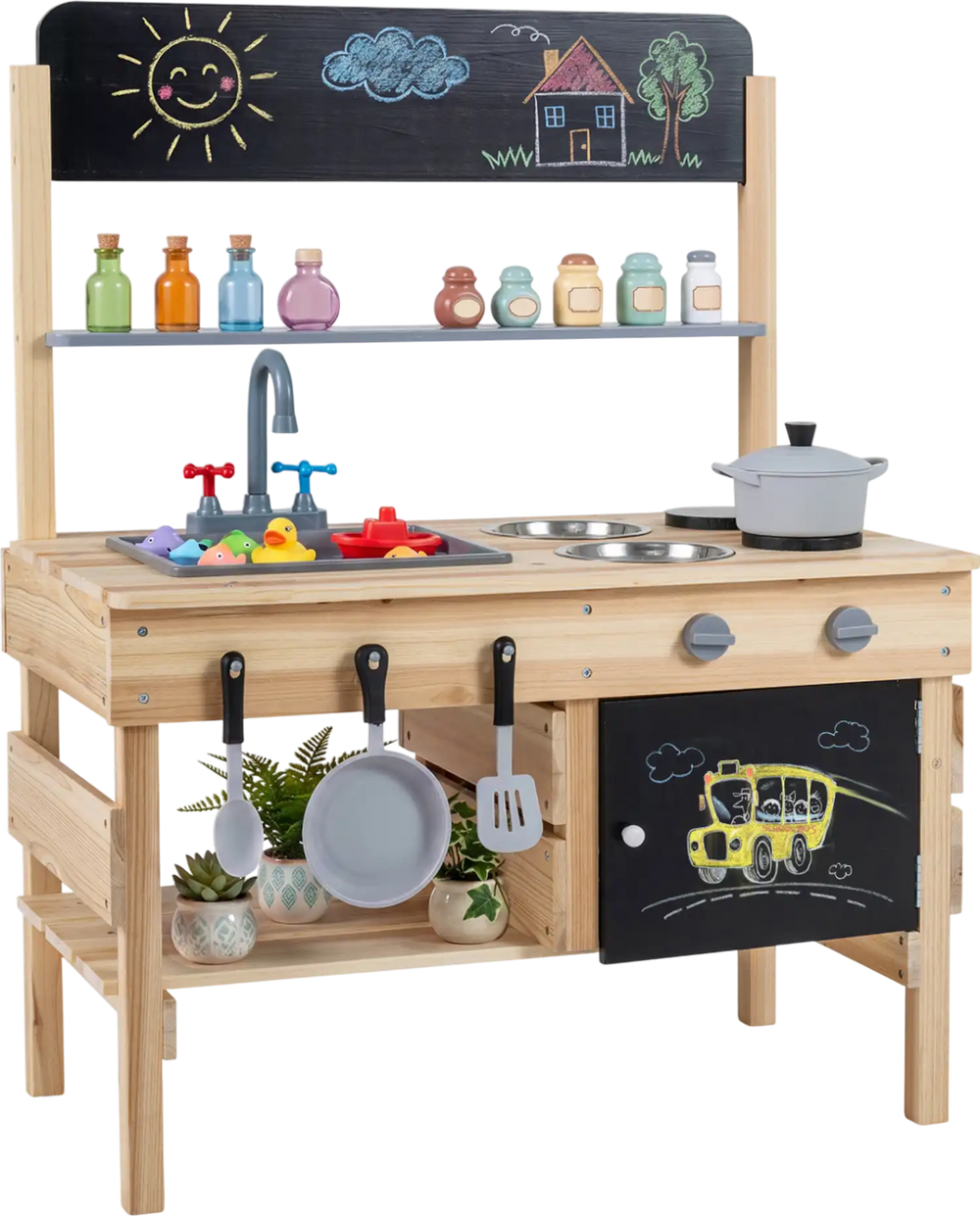 Wooden outdoor mud kitchen for kids with rotatable knobs, two basins, and hooks for organized cooking fun and.