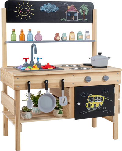 Costway Outdoor Wooden Mud Kitchen Kids Playset with Sink & Stoves 30372045 New