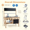 Wooden outdoor mud kitchen for kids with stoves, sinks, storage, and cooking accessories, promoting imaginative play.