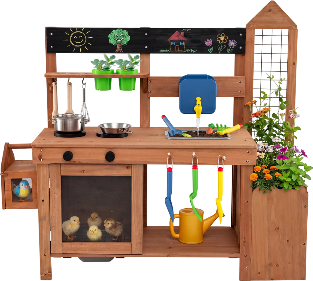 Outdoor wooden mud kitchen with planter box, sink, and storage for toddlers, promoting imaginative cooking and gardening play.