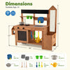 Outdoor wooden mud kitchen with sink, planter box, and storage for toddlers, designed for imaginative cooking and gardening play.