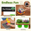 Outdoor wooden mud kitchen featuring a sink, planter box, and blackboard for toddlers' imaginative cooking and gardening play.