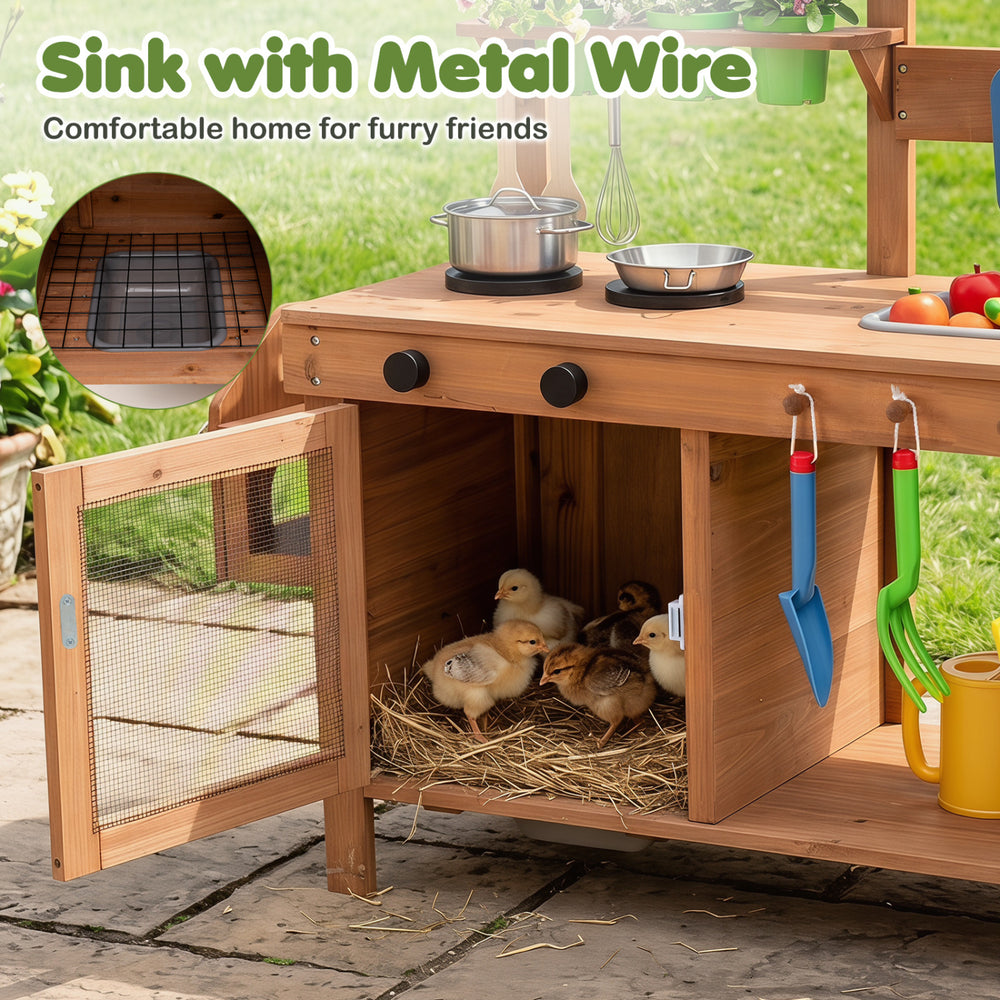Outdoor wooden mud kitchen with sink, planter box, and removable birdcage for toddlers to enjoy gardening and cooking activities.