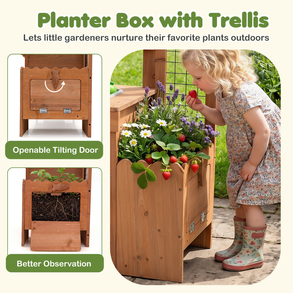Wooden planter box with trellis for toddlers, featuring an openable door and vibrant flowers for outdoor gardening fun.