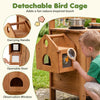 Detachable bird cage with carrying handle and observation window on the outdoor wooden mud kitchen for toddlers.