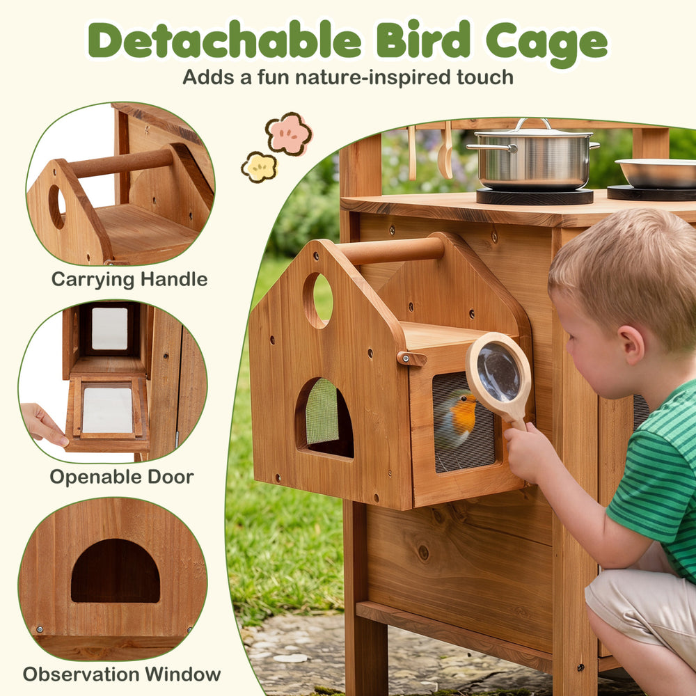 Detachable bird cage with carrying handle and observation window on the outdoor wooden mud kitchen for toddlers.