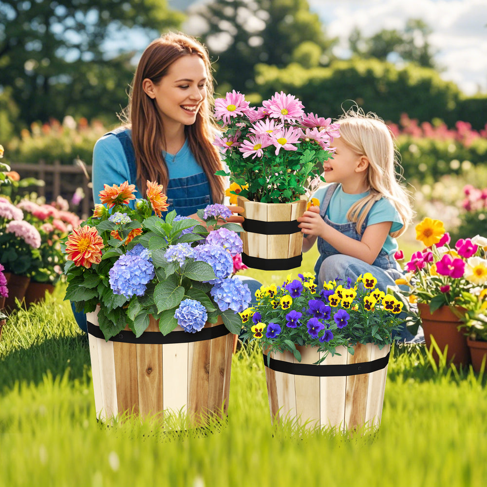 Three outdoor wooden planter boxes in half whiskey barrel shape, crafted from acacia wood, perfect for vibrant flowers.
