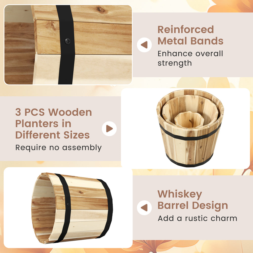 Set of 3 wooden planters in half whiskey barrel design, crafted from acacia wood with drainage holes for healthy plants.