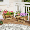 Half whiskey barrel-shaped outdoor wooden planters with legs, crafted from acacia wood, ideal for flowers and herbs.