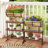 Outdoor wooden planter with legs, crafted from acacia wood, featuring a half whiskey barrel shape for flowers and herbs.