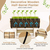 Half-barrel wooden planter with legs, crafted from acacia wood, featuring drainage gaps and reinforced metal bands for.