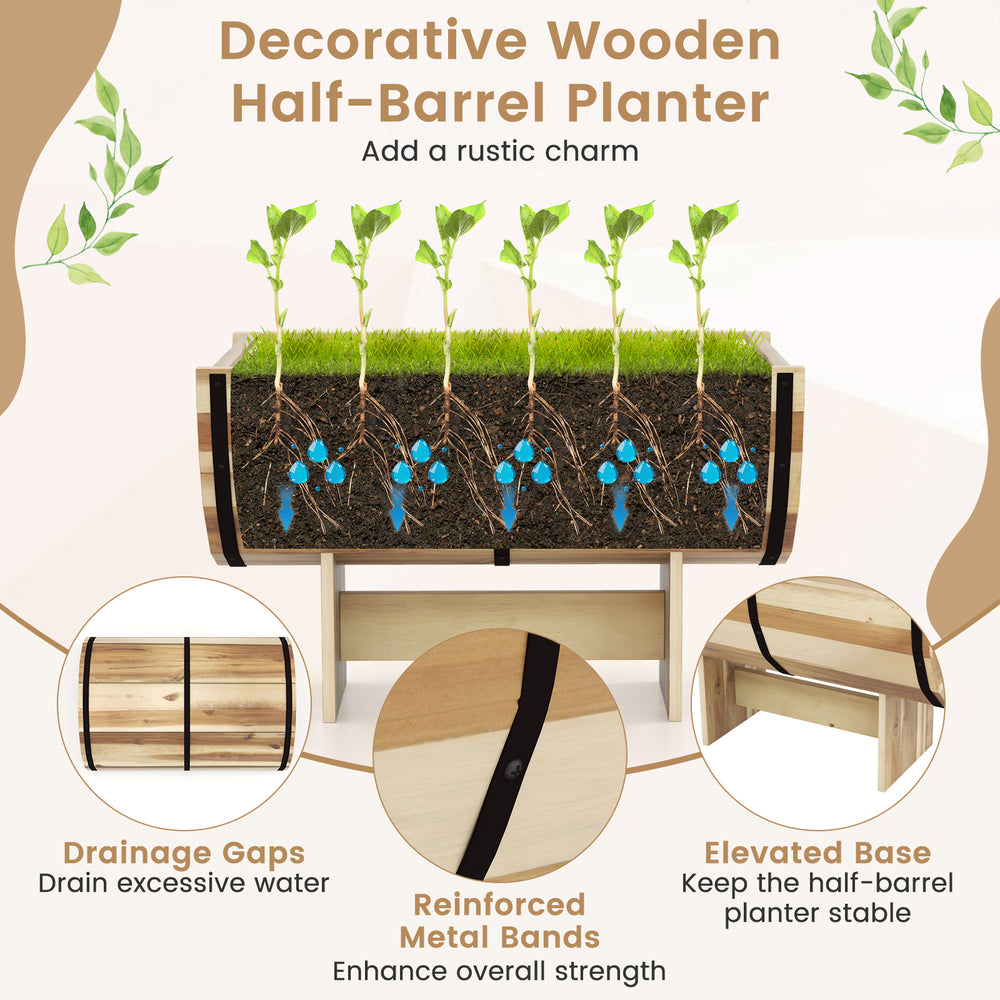Half-barrel wooden planter with legs, crafted from acacia wood, featuring drainage gaps and reinforced metal bands for.