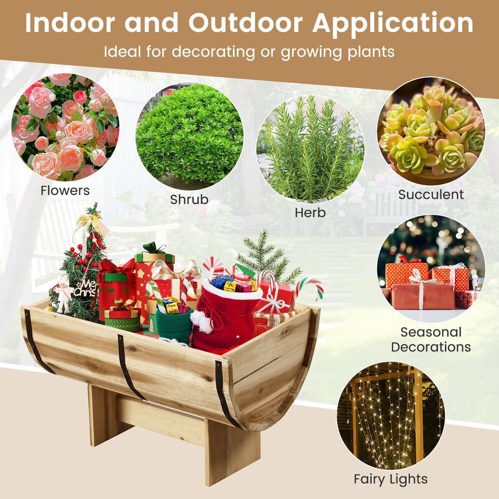 Outdoor wooden planter with legs, crafted from acacia wood, ideal for growing flowers, herbs, and succulents.