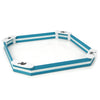 Hexagonal outdoor solid wood sandbox with blue accents and four built-in animal pattern seats for kids' playtime.