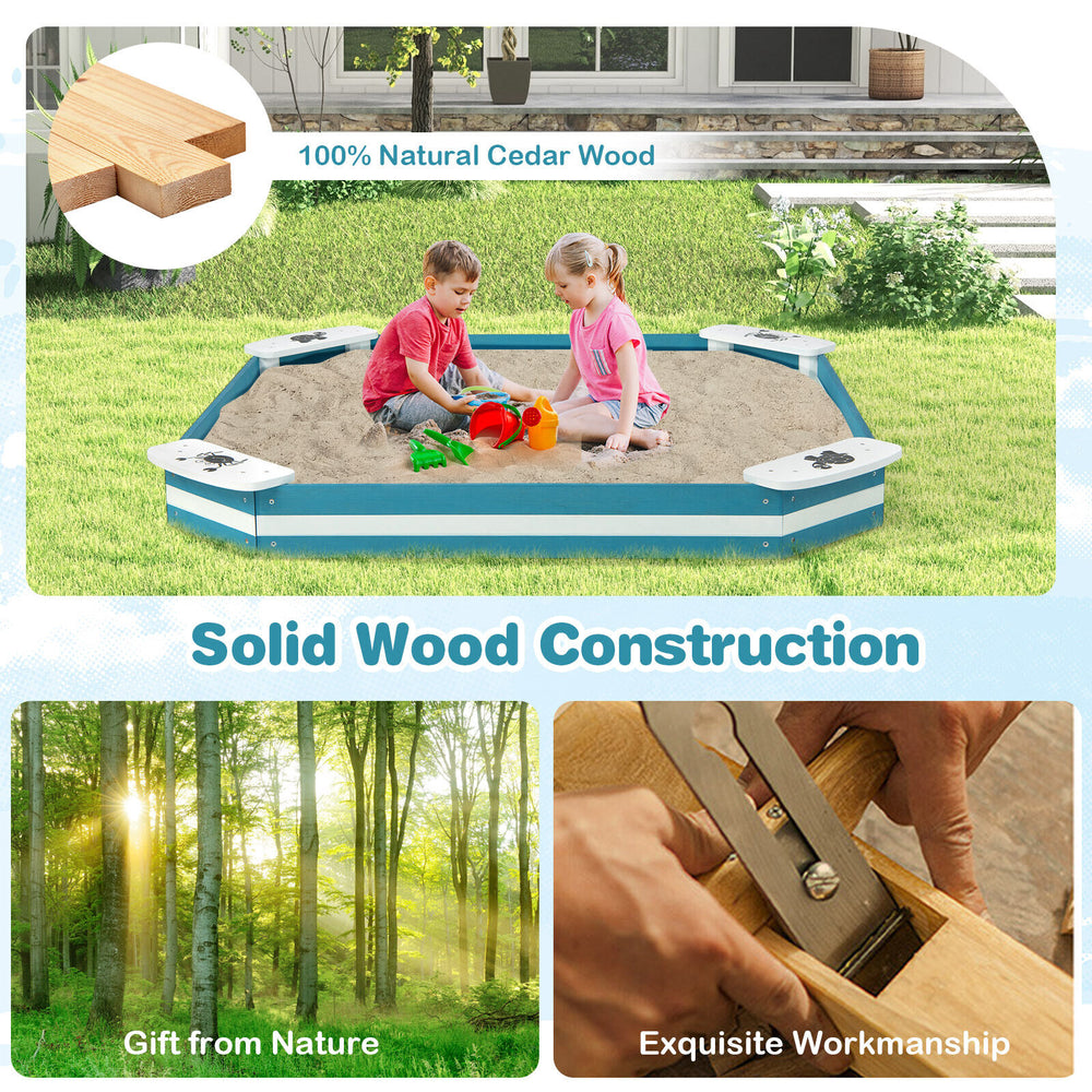 Outdoor solid wood sandbox made of natural cedar with 4 built-in seats for kids, perfect for playtime and gardening.