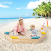 Outdoor solid wood sandbox with 6 built-in fan-shaped seats, perfect for kids to play and enjoy at the beach.