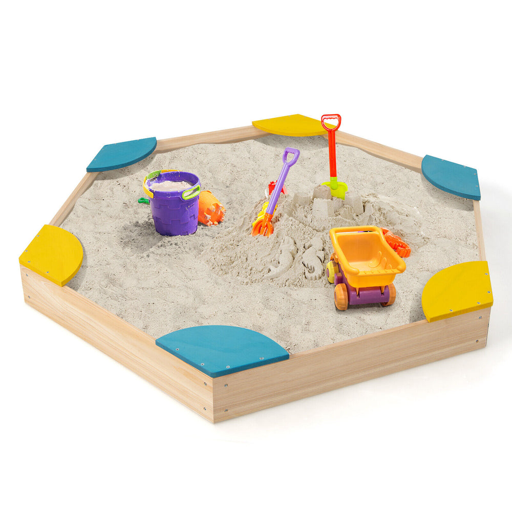 Hexagonal outdoor solid wood sandbox with built-in fan-shaped seats, perfect for 2-3 kids to play safely.