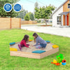 Outdoor solid wood sandbox with 6 built-in seats, designed for safe play and good drainage, perfect for kids aged 3+.