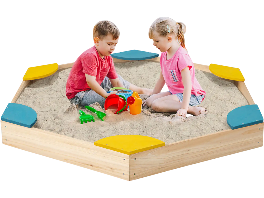 Outdoor Solid Wood Sandbox with 6 Built-in Fan-shaped Seats