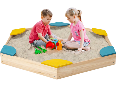 Costway Outdoor Solid Wood Sandbox 6 Built-in Fan-Shaped Seats 85319467 New