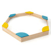 Outdoor solid wood sandbox with 6 built-in fan-shaped seats, made from durable cedar wood for kids aged 3+.
