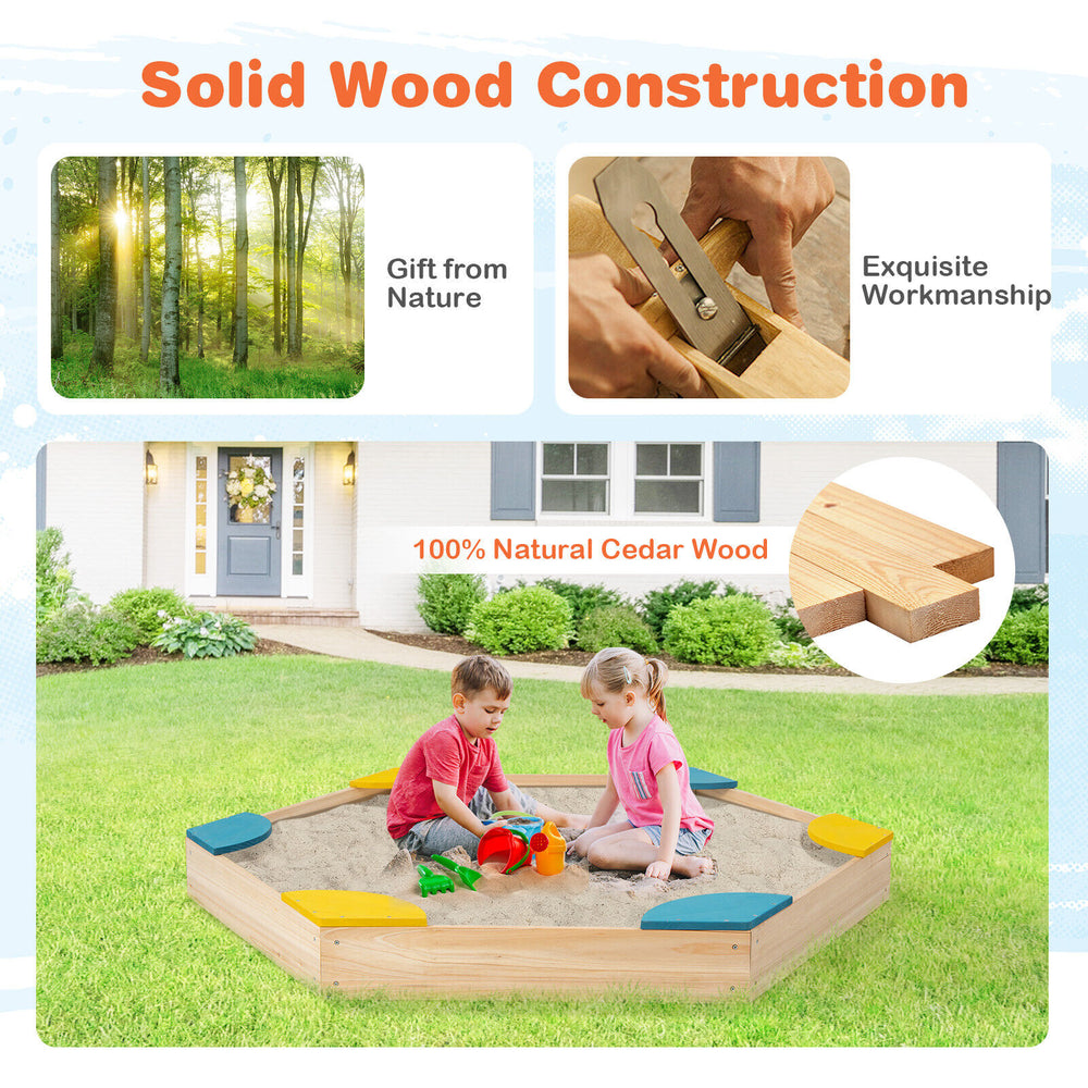 Outdoor solid wood sandbox made of natural cedar with 6 built-in fan-shaped seats for safe, fun playtime.