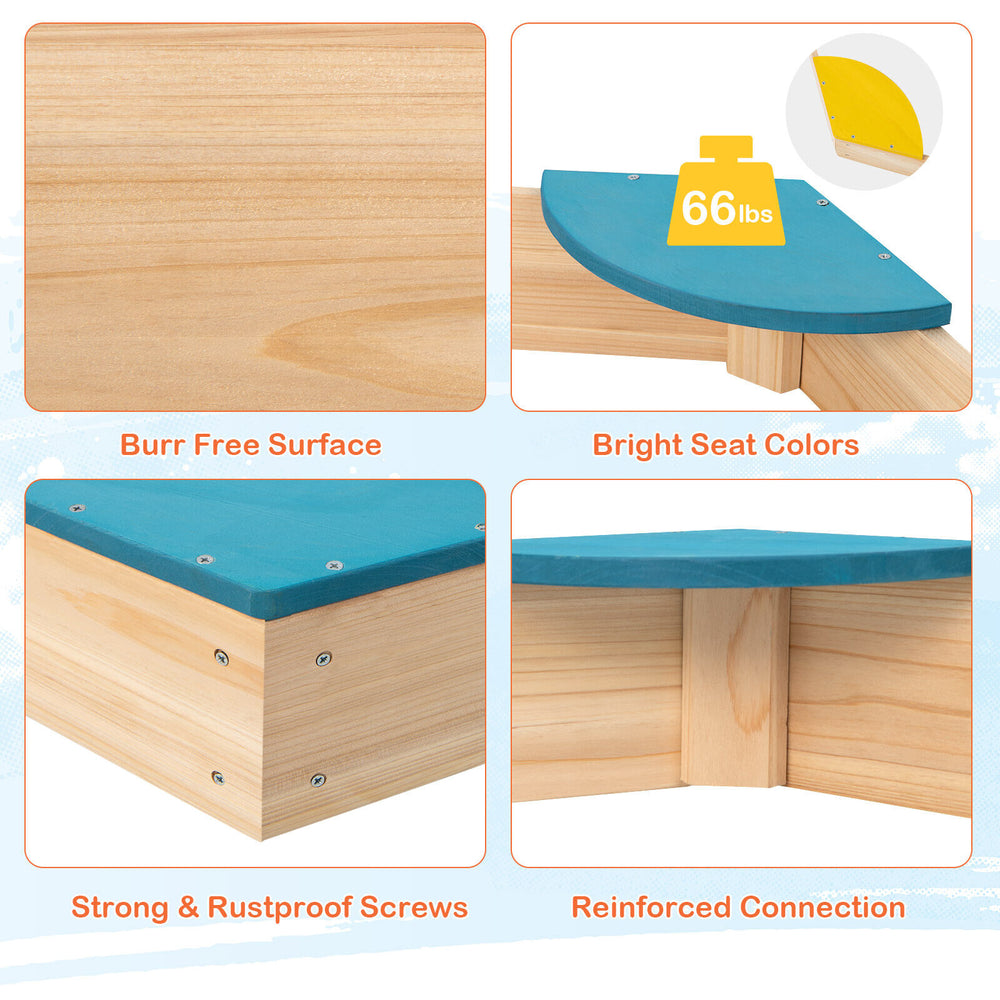 Close-up of the Outdoor Solid Wood Sandbox with smooth surface, bright seat colors, and reinforced connections for.