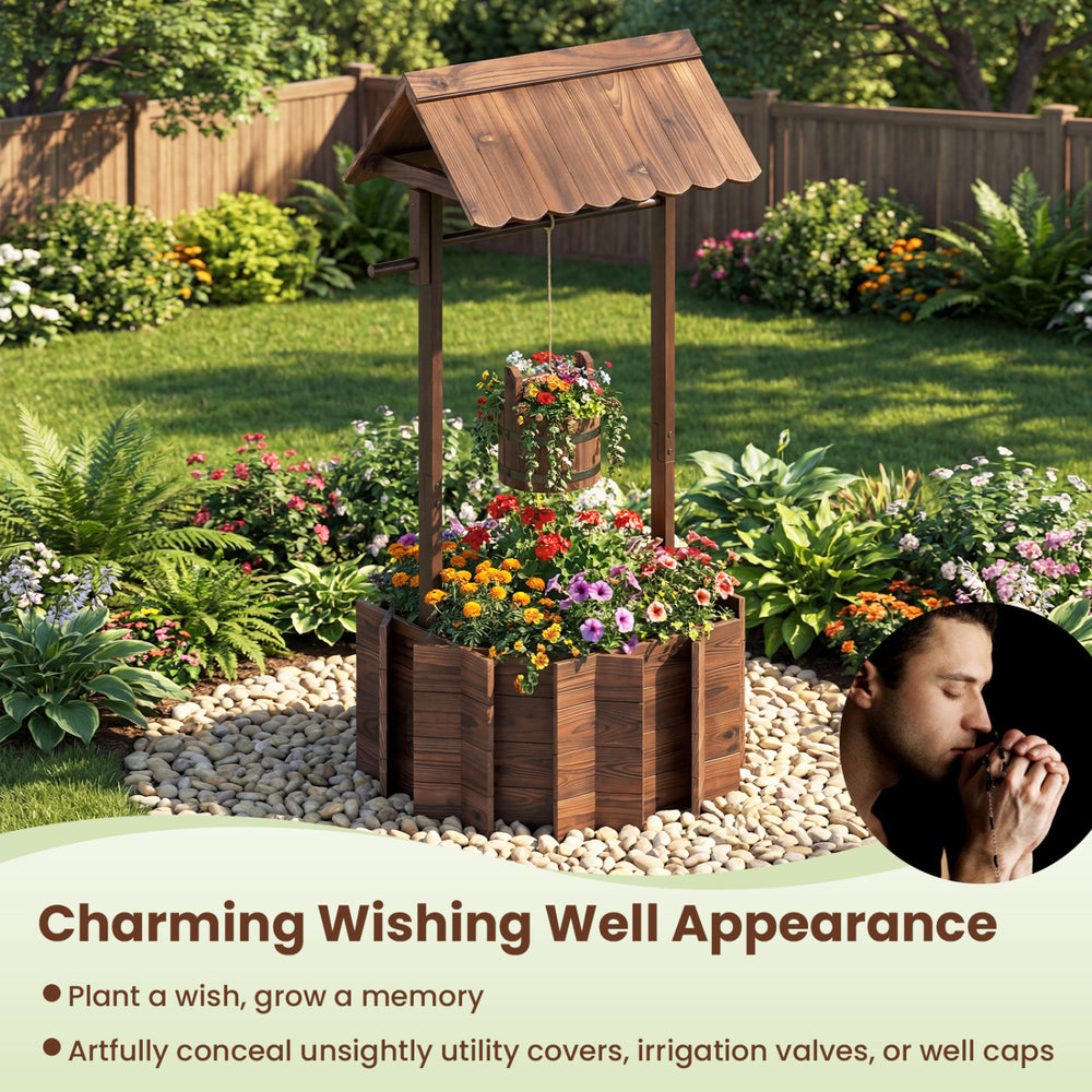 Outdoor wooden wishing well planter with rustic burnt-like finish, perfect for growing flowers and concealing utilities.