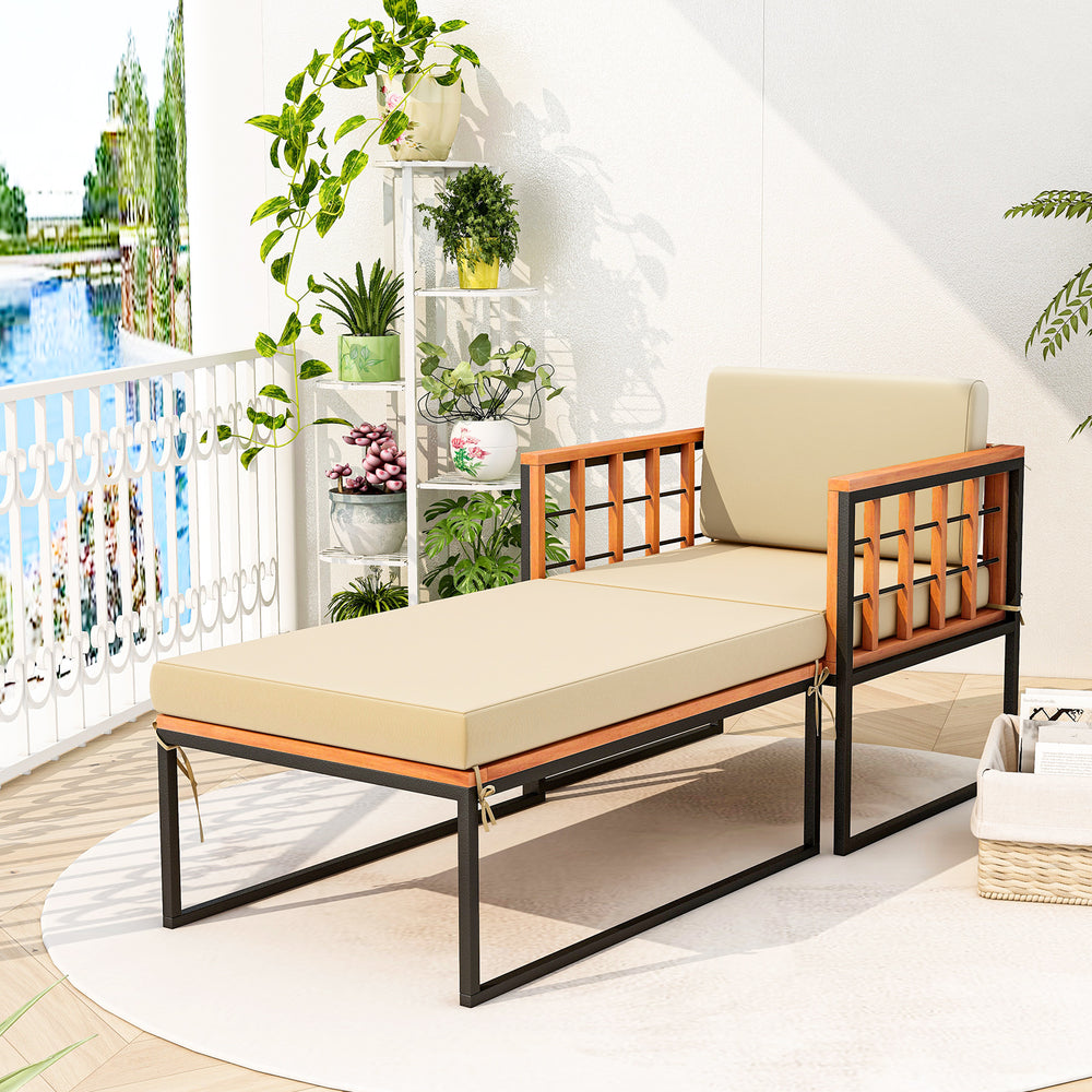 Acacia wood armchair with long ottoman and soft cushions, perfect for backyard or poolside relaxation.
