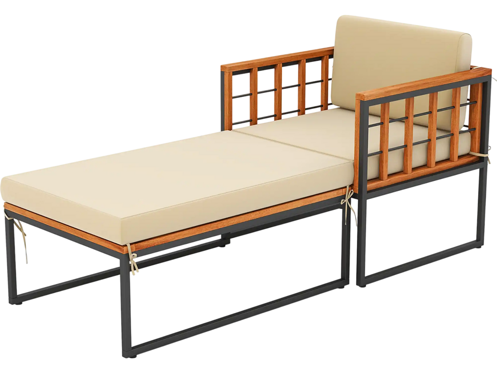 Patio Acacia Wood Armchair with Long Ottoman and Seat Back Cushions