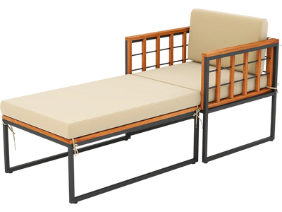 Costway Acacia Wood Patio Chaise Lounge Chair Ottoman Cushions 79346821 New